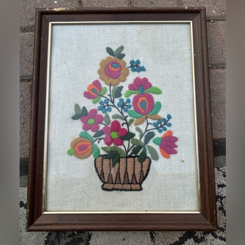 Vintage Crewel Yarn Art 1970's Spring Flower Bouquet